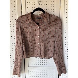 Women's XS Zara Cropped Satin Button Down Floral Long SLV Rose Taupe Shirt
